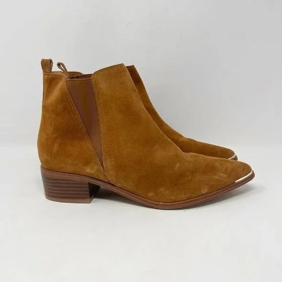 Marc Fisher Yale Cognac Suede Pointed Toe Chelsea Ankle Boots Silver Rand 9M - Picture 2 of 11